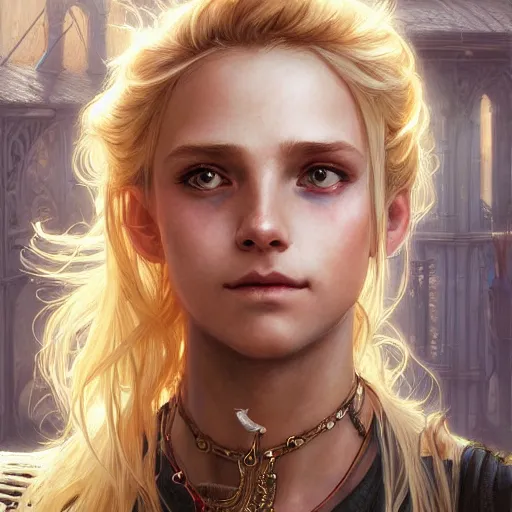 Image similar to portrait of a young thief in the slums of a fantasy city, dirty blonde hair, d & d, fantasy, joyful smirk, intricate, elegant, highly detailed, digital painting, artstation, concept art, matte, sharp focus, illustration, art by artgerm and greg rutkowski and alphonse mucha