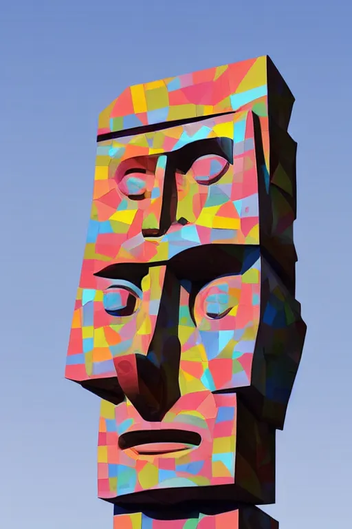 Image similar to cubist moai statue cutout digital illustration cartoon colorful beeple