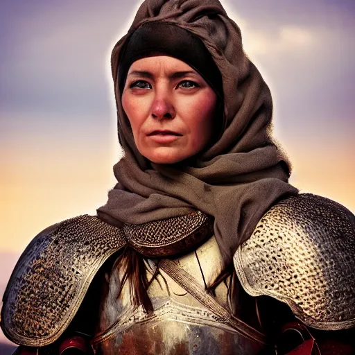 Prompt: head and shoulders portrait of a female knight, steppe nomad, photography by jimmy nelson, dramatic mountain background, golden hour, hq