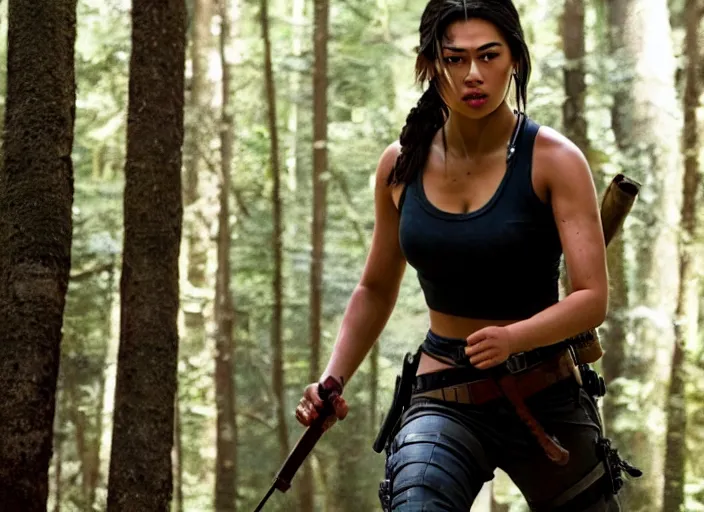 Image similar to film still of!!!! amber midthunder!!! as lara croft in new tomb raider movie, 8 k