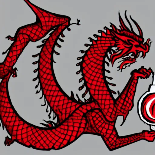 Image similar to a red dragon holding a red die, white background