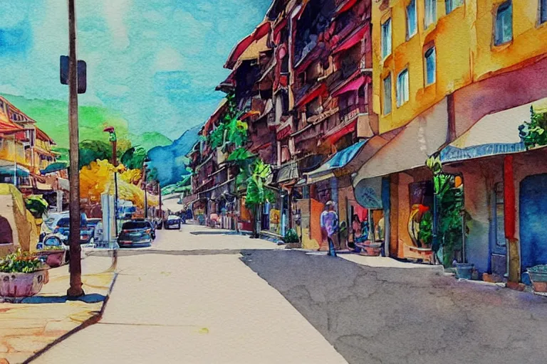 Image similar to !! watercolor!! penang road in a sunny day, artwork by tooth wu, colorful contrast, dark shadow, thick lineart