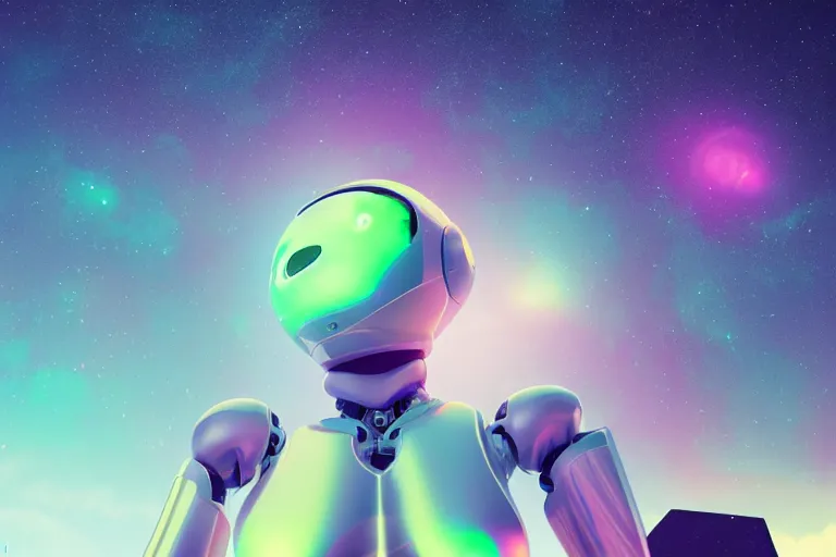 Image similar to a beautiful calm robot girl looking up to the stars, photograph, colorful background, render, 3 d, render, glows, neon, 8 k, 4 d,