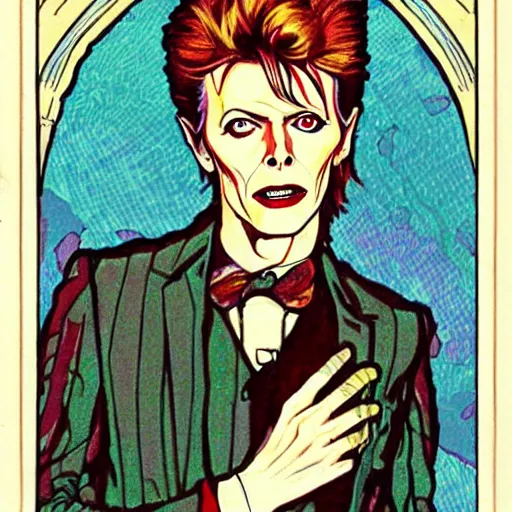 Image similar to david bowie as dr who, mucha style,