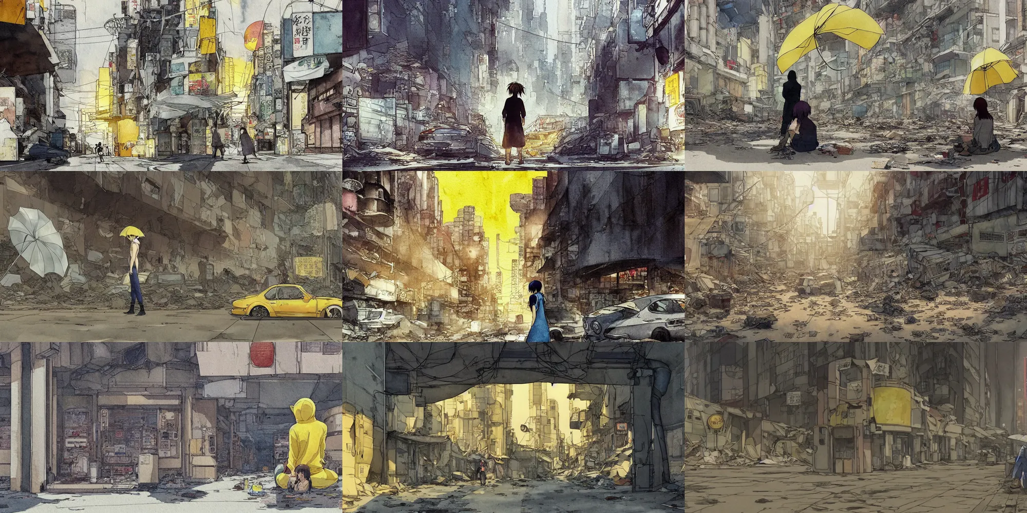 Prompt: incredible curvilinear screenshot, simple watercolor, paper texture, katsuhiro otomo ghost in the shell movie scene, distant shot of hoody girl side view sitting under a yellow parasol in deserted dusty shinjuku junk town, A titanic cruise liner crashes through a building, broken vending machines, old pawn shop, bright sun bleached ground, mud, fog, dust, windy, scary chameleon face muscle robot monster lurks in the background, big robot hand, robot ghost mask, teeth, animatronic, black smoke, pale beige sky, junk tv, texture, strange, impossible, fur, spines, mouth, pipe brain, shell, brown mud, dust, bored expression, overhead wires, telephone pole, dusty, dry, pencil marks, genius party,shinjuku, koju morimoto, katsuya terada, masamune shirow, tatsuyuki tanaka , hd, 4k, remaster, dynamic camera angle, deep 3 point perspective, fish eye, dynamic scene