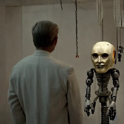 Image similar to movie scene of a man with a robot head, movie still, cinematic composition, cinematic light, criterion collection, reimagined by industrial light and magic, Movie by David Lynch and Ridley Scott and Andrzej Zulawski