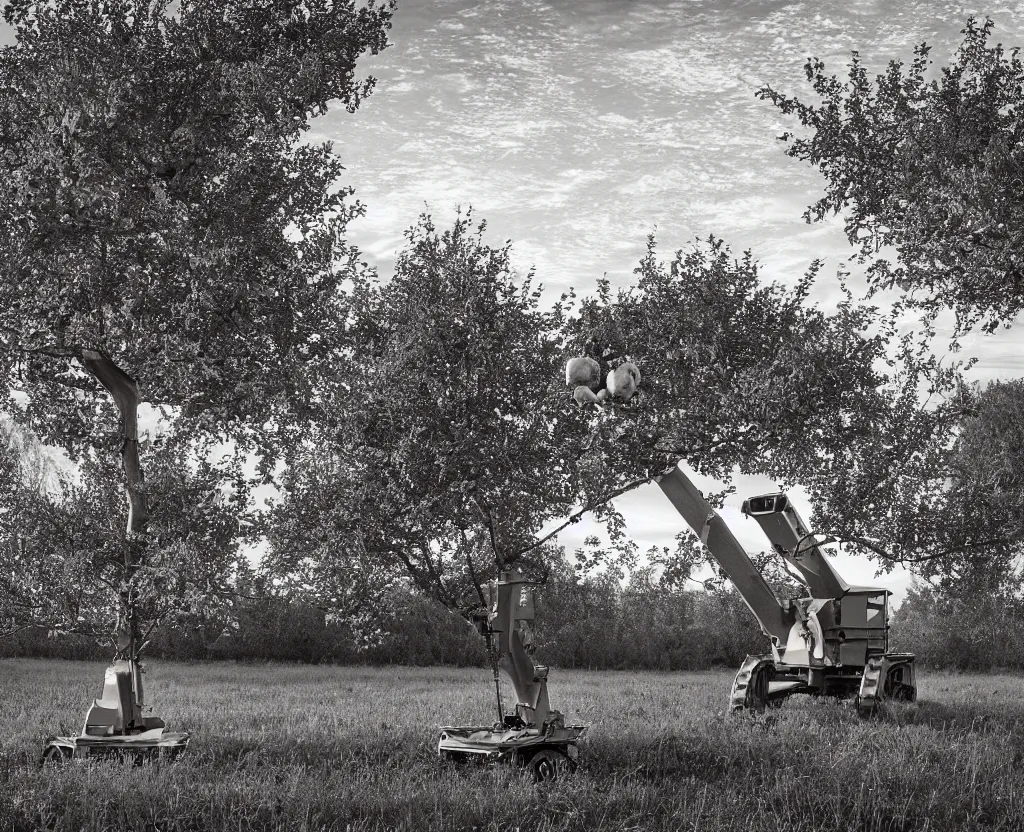 Prompt: Apple harvester robot TR-340 stands on the side of a lonely apple tree facing the camera holds apple in arm, classical painting, symmetrical, realism, golden hour