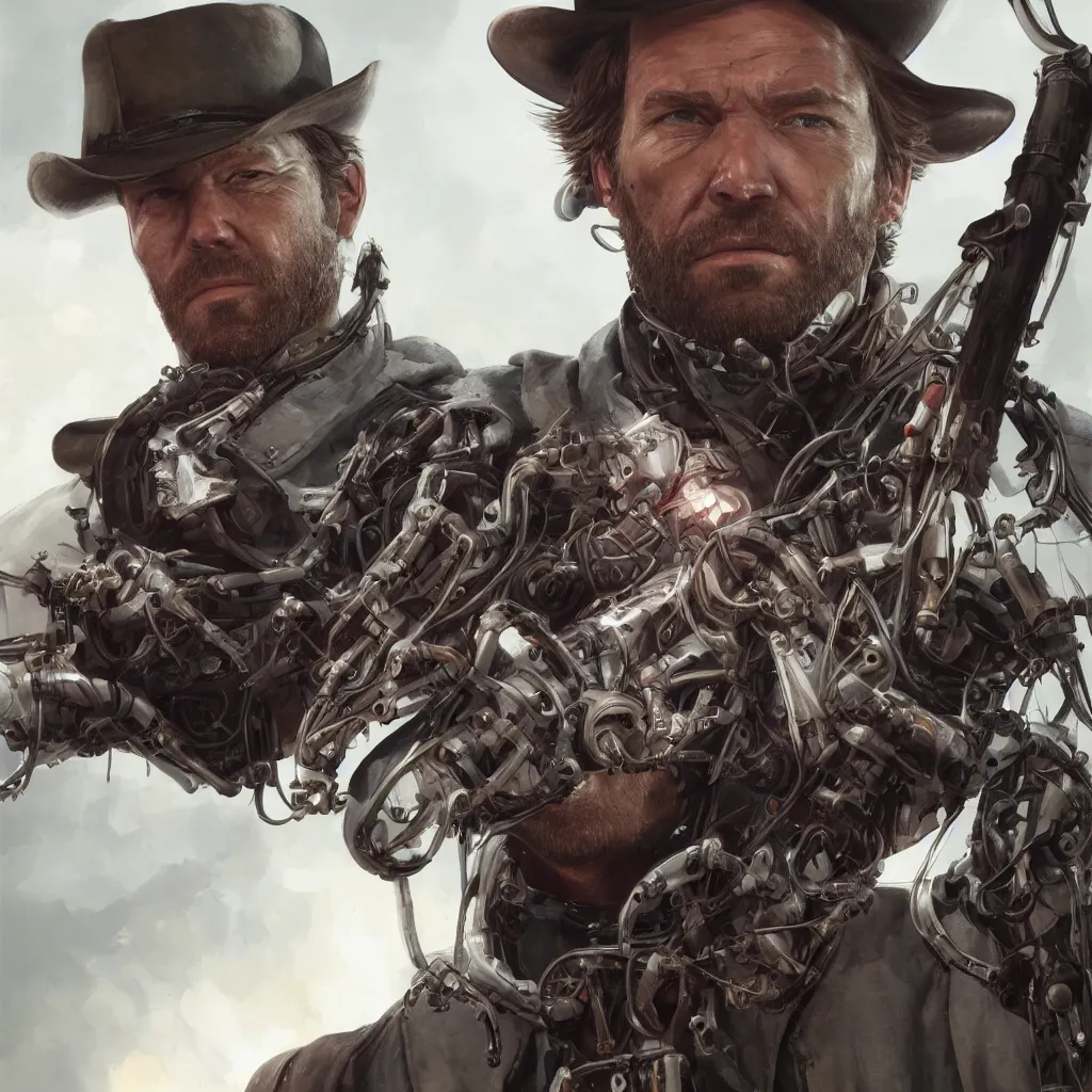 Image similar to a single close-up portrait of Arthur Morgan from Red Dead Redemption as a cyborg, barely human and largely biomechanical machine, hyper-realistic cyberpunk style, Peter Mohrbacher Takayuki Takeya moody, face by Yanjun Cheng, Irakli Nadar, dramatic cinematic lighting rendered by octane, 8k, detailed, intricate, clean and textures, trending on artstation, deviantart google images, pinterest