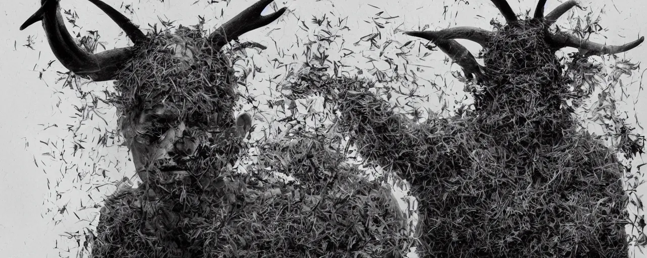 Prompt: mysterious scene of tyrolean farmer transforming into hay man with horns, screaming, roots and edelweiss flowers growing out of the body 35mm double-exposure photo, deep shadows, german expressionism, noir, slightly colorful, photorealistic, detailed smoke, natural bones and skin, natural textures, depth of field, ambient occlusion, motion blur, HD, masterpiece, volumetric, chromatic aberration by Richard Avedon, style of Ade Santora, perfect composition, masterpiece, intricate detailed