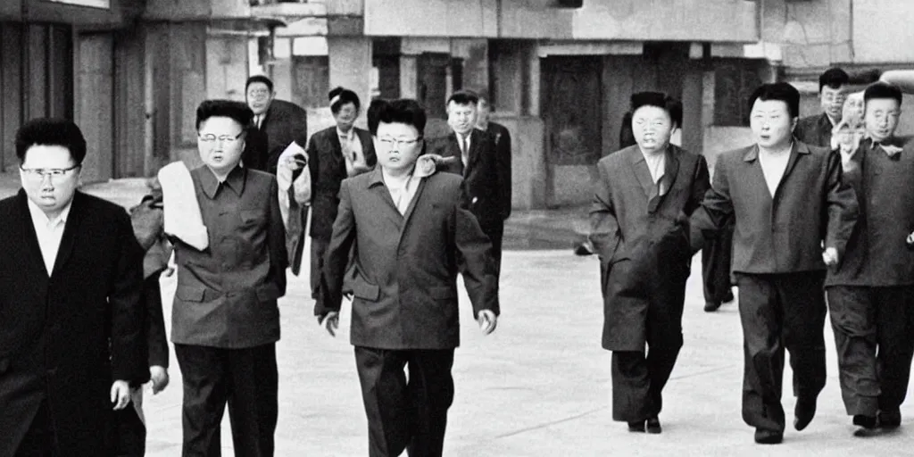 Prompt: kim jong - il walking in 1 9 6 0 s pyongyang, film noir in the style of ghost in the shell by mamoru oshii