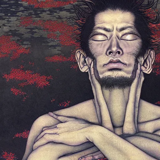 Prompt: a simple concept art portrait of a man in anguish, an award winning yoshitaka amano digital art, by, james gurney and gerhard richter. art by takato yamamoto. masterpiece, deep colours.