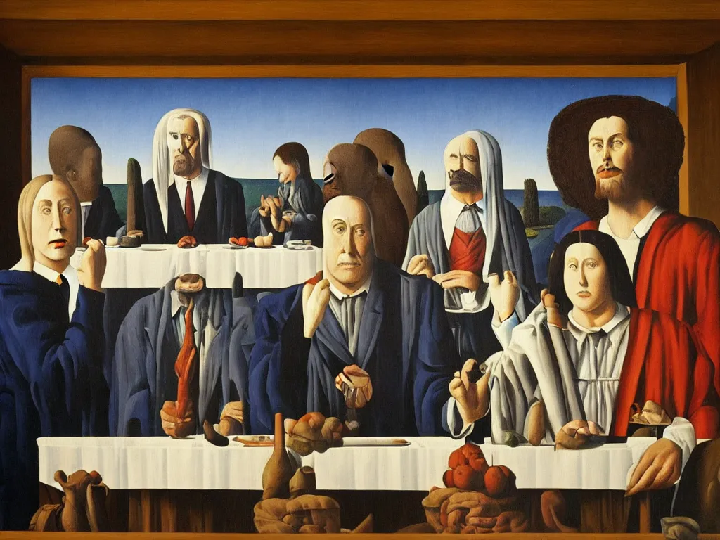 Prompt: last supper painting magritte, renaissance, american gothic