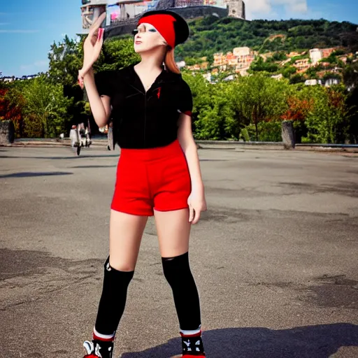 Image similar to Teenage girl, French girl, black beret, black beret with a red star, black shirt with red star, black leather shorts, rollerblading, rollerskates, city on a hillside, colorful buildings, cel shaded, 3D model, Unreal Engine