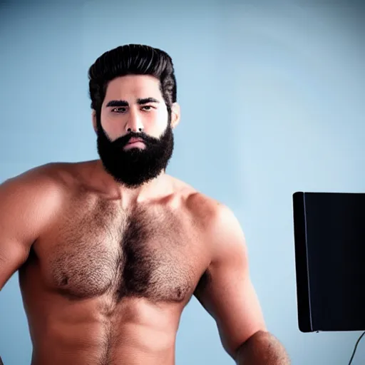 Image similar to a chad with wavy black hair and a beard. muscular. godlike. using a computer.