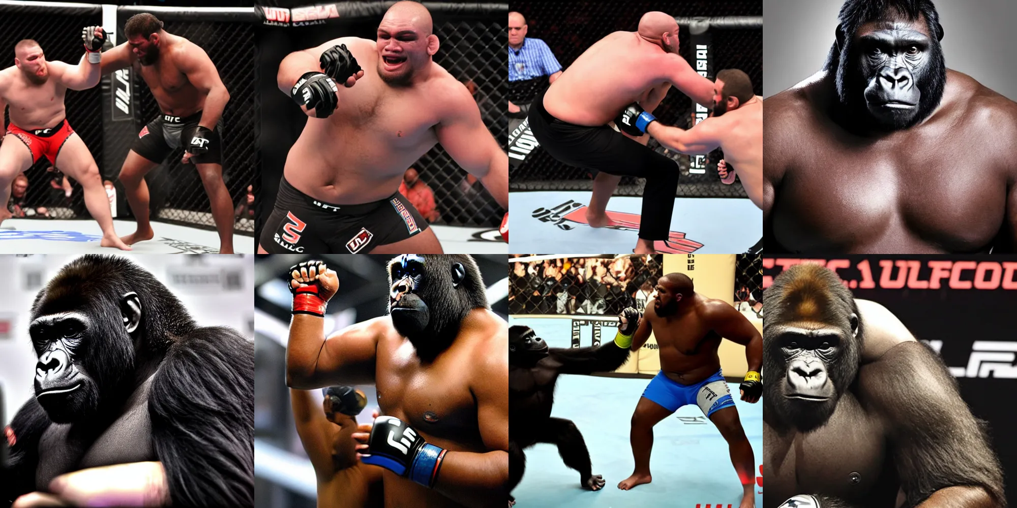 Prompt: A gorilla heavyweight champion fighting in the UFC Octagon, ESPN sports