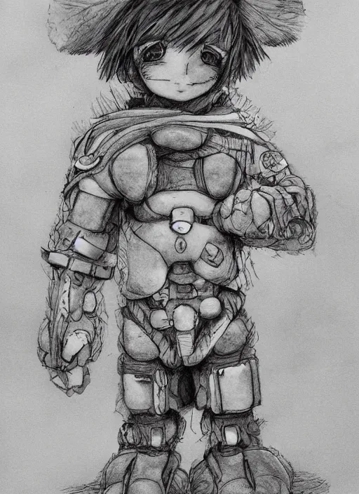 Image similar to beautiful little boy wearing an cyborg bear suit, artwork in kentaro miura and made in abyss and rosdraws, smooth, beautiful lightness, anatomically correct, trending on pixiv, forest