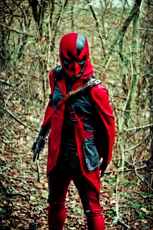 Image similar to red hood cosplay, creepy, disturbing, bloody, darkness, grainy