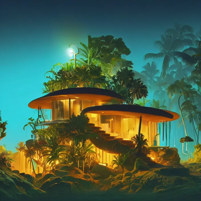 Image similar to a bioluminescent tropical cottage by paolo eleuteri serpieri and tomer hanuka and chesley bonestell and daniel merriam and tomokazu matsuyama, unreal engine, high resolution render, featured on artstation, octane, 8 k, highly intricate details, vivid colors, vector illustration