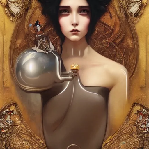 Prompt: ghibli tom bagshaw, curiosities carnival, anime soft paint of a single beautiful female full very tight long metallic suit ornate face, gynoid body, accurate features, focus, very intricate ultrafine details, award winning masterpiece