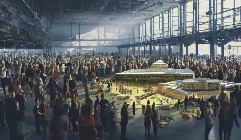 Prompt: large group people in simple warehouse, looking at hologram of futuristic cbd on a table, cinematic concept art, godrays, golden hour, natural sunlight, 4 k, clear details, tabletop model buildings, center model buildings, hologram center, crane shot, crane shot, crane shot, clear details, windows