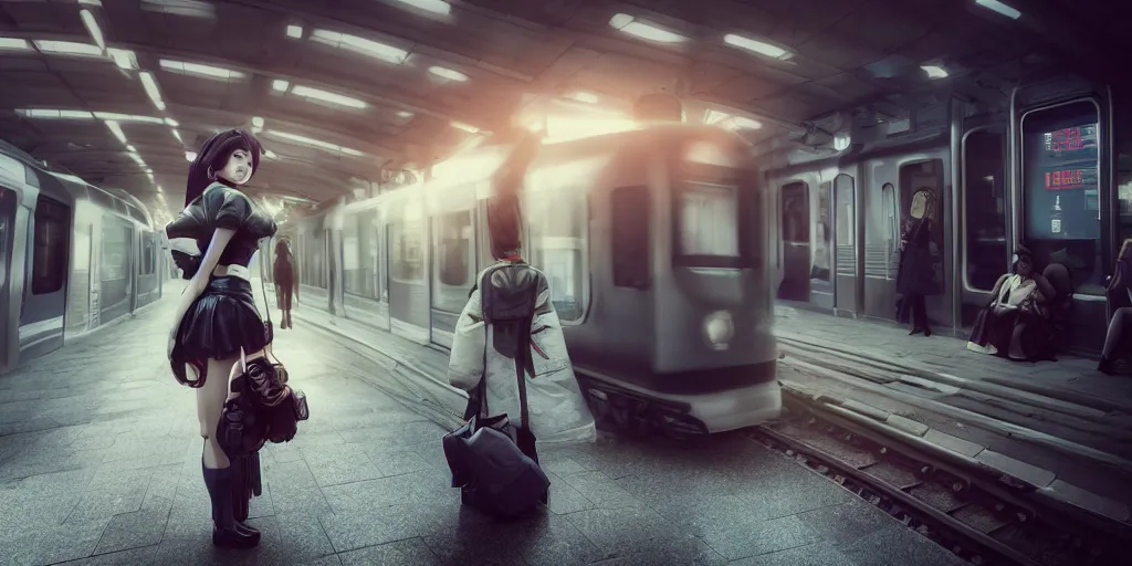 Prompt: photo of geisha cyborg is waiting in train station, 1970's, leica, lomo, soft light, morning light, photorealistic, details, octane render, cryengine, 8k, cinematic shot