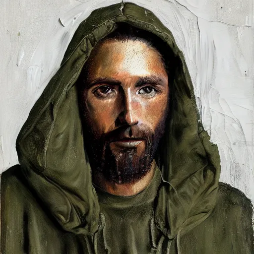 Image similar to a full body lookbook portrait of modern - day jesus wearing olive green yeezy menswear collection by nicola samori, hat and hoodie, detailed, oil painting, hyper realistic, 8 k, yeezy collection