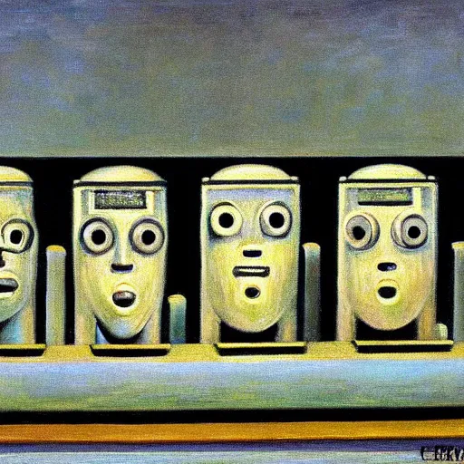 Prompt: robot heads on a conveyor belt, scientists inserting cybernetic brains, grant wood, pj crook, edward hopper, oil on canvas