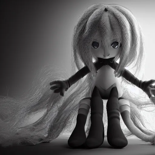 Image similar to cute fumo plush of a nightmare girl with hundreds of shadowy tendrils, vray render, black and white