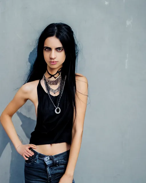 Image similar to a beautiful half body photo of a Young female with long disheveled black hair , paper white skin and reflective eyes, black tank top, black leather shiny jeans, an ankh necklace white colors in the background, 500px photos, top cinematic lighting , cinematic mood, very detailed, shot in canon 50mm f/1.2