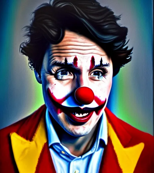 Prompt: justin trudeau as a clown, oil on canvas, deep depth field, masterpiece, cinematic composition, hyper - detailed, hd, hdr