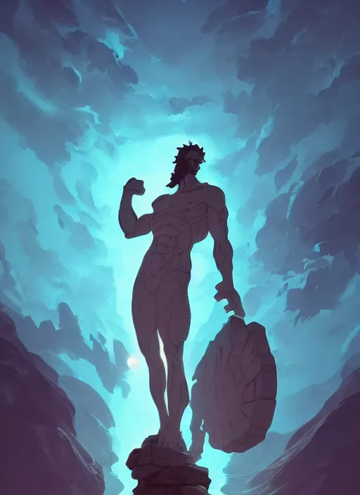 Prompt: giant stone statue of poseidon in bardo, dramatic lighting, in the style of artgerm and charlie bowater and atey ghailan and mike mignola, vibrant colors and hard shadows and strong rim light, comic cover art, plain background, trending on artstation