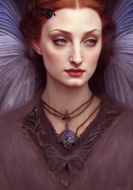 Image similar to sansa angeline jolie gessica chastain dark fairy, intricate, elegant, highly detailed, digital painting, artstation, concept art, smooth, sharp focus, illustration, art by artgerm and greg rutkowski and alphonse mucha and william - adolphe bouguereau