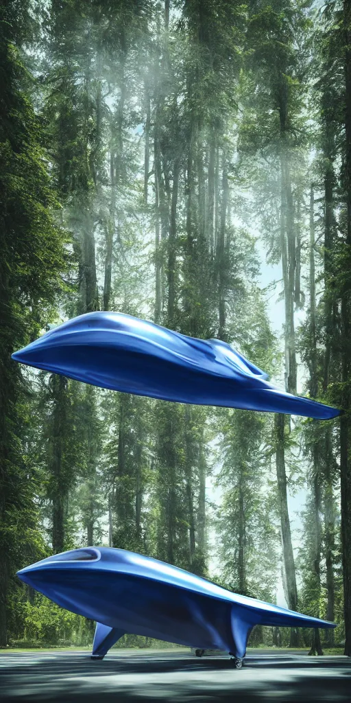 Prompt: a photorealistic detailed image of a blue glossy aerodynamic spaceship!!! highly detailed with ethereal light in a forest , giant threes, photorealistic, octane render, 4k, specular light, shallow depth of field, concept art, artstation, highly detailed, art by canaletto, hajime sorayama, john salminen, ivan shishkin, kim keever and pierre pellegrini