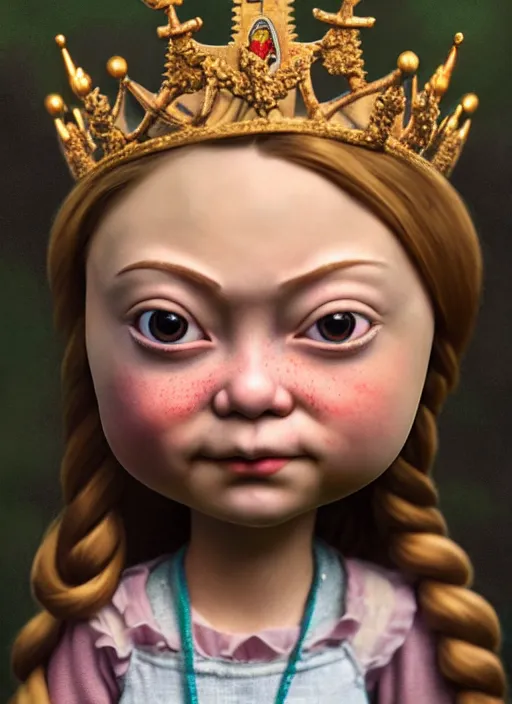 Image similar to highly detailed closeup, face profile portrait of greta thunberg as a tin toy fairytale princess wearing a crown eating cakes, bikini, unreal engine, nicoletta ceccoli, mark ryden, earl norem, lostfish, global illumination, detailed and intricate environment