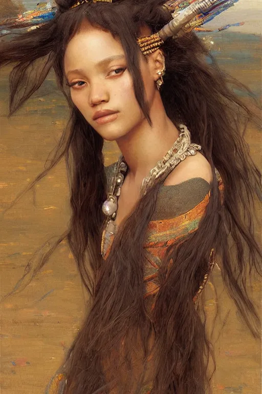 Image similar to a beautiful Zulu princess, hair flowing down, by Edgar Maxence and Ross Tran