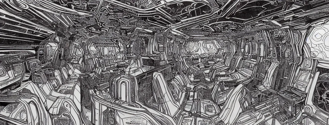 Prompt: cinematic shot of the interior of a sci - fi spaceship made with ornate biomachanical architecture and highly advanced technology, intricate linework, style of jean giraud moebius comic art