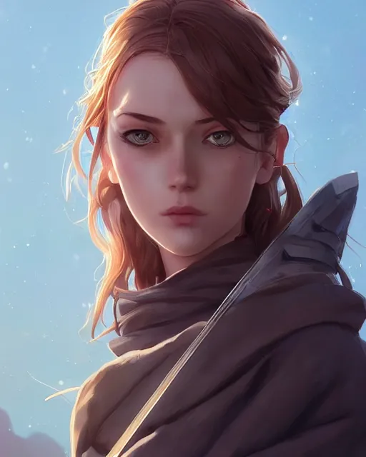 Image similar to potrait bust of young woman archer length light brown hair and hazel eyes, beautiful, symmetrical, anime, ilya kuvshinov, greg rutkowski, guweiz, ross tran, loish, svetlana tigai, artgerm, artstation trending, concept art, digital painting