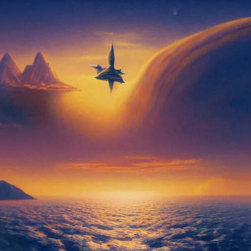 Image similar to beautiful matte painting of golden shores of a blue dreamy ocean, heavenly island in the clouds floating above the ocean, spaceship flying by, towering mountains emerging from the ocean, sci - fi, daylight, blue sky, cinematic lighting, cinematic perspective, album cover art, syd mead, john harris, federico pelat