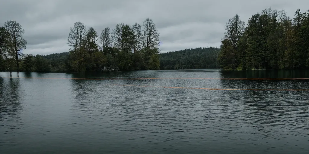 Prompt: a infinitely long rope zig - zagging across the surface of the water into the distance, floating submerged rope stretching out towards the center of the lake, a dark lake on a cloudy day, atmospheric, color film, trees in the background, hyper - detailed photo, anamorphic lens