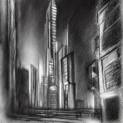 Prompt: charcoal drawing of a cyberpunk city