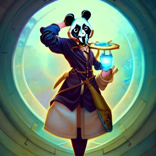 Image similar to don bluth, loish, artgerm, joshua middleton, steampunk, clockpunk anthropomorphic panda, full sailor suit, symmetrical eyes symmetrical face, colorful animation forest background