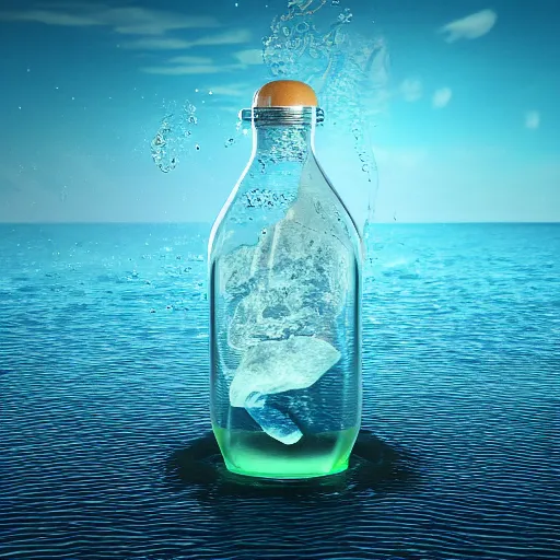 Image similar to a human head in a bottle, on the ocean water, surreal, 3 d art, 3 d render, futuristic, glowing, hyper realistic, ray tracing, realistic water splashes, sharp focus, long shot, 8 k resolution, cinematic, photoshop art