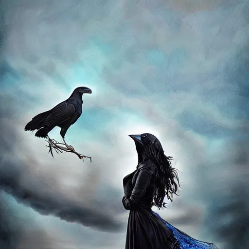 Image similar to morning, raven bird perching on the shoulder of a woman in a black dress. sun, cinematic, clouds, vogue cover style, copper and deep blue mood, realistic painting, intricate oil painting, high detail, figurative art, multiple exposure, poster art, 3 d, by simon bisley, ismail inceoglu, wadim kashin, filip hodas.