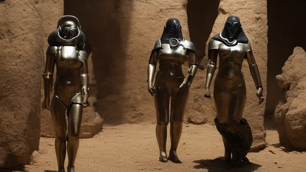 Prompt: big budget scifi movie set in ancient egypt female cyborg in rubber and gas mask fighting with extraterrestials