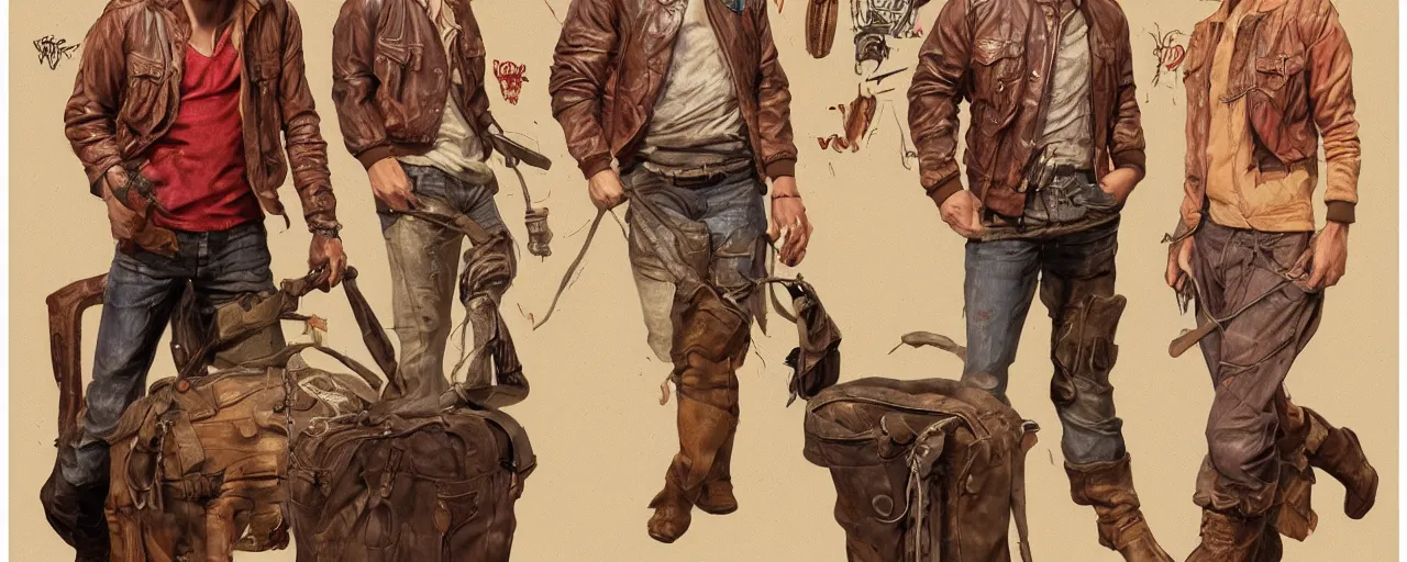 Image similar to character design, turnaround, zoomed out, 40's adventurer, unshaven, optimistic, stained dirty clothing, straw hat, riding boots, red t-shirt, dusty brown bomber leather jacket, detailed, concept art, photorealistic, hyperdetailed, 3d rendering , art by Leyendecker and frazetta,