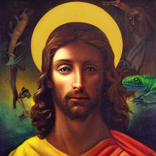 Prompt: surreal portrait of jesus with the head of a reptilians lizard