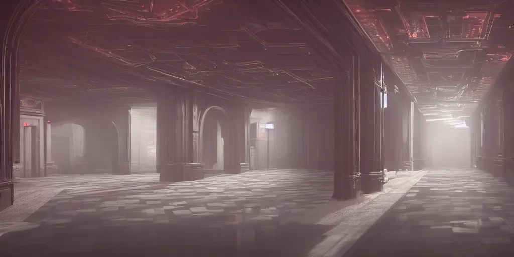 Prompt: a long angle shot of a big dark room with white lights on the celling and a long hallway at the end of the room with red lights on the celling, highly detailed, unreal engine, 4 k, dark, moody, foggy, game render, hyper realistic