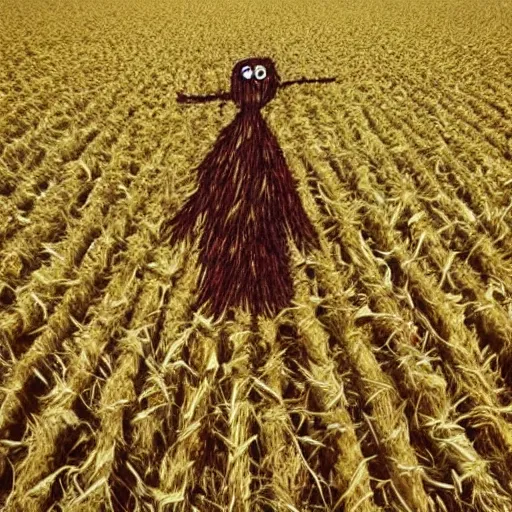 Prompt: ”hypnotic scarecrow in a cornfield labyrinth”