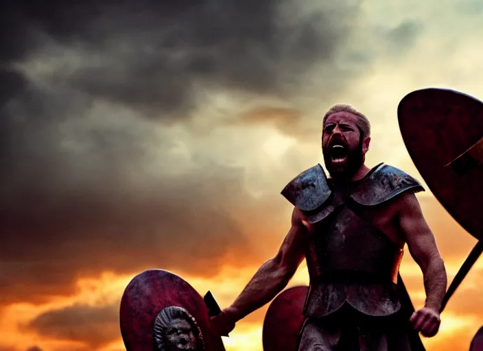 Image similar to cinematic film still of joe biden as leonidas shouting in 3 0 0 movie, 8 k, epic moody sky, dramatic lighting