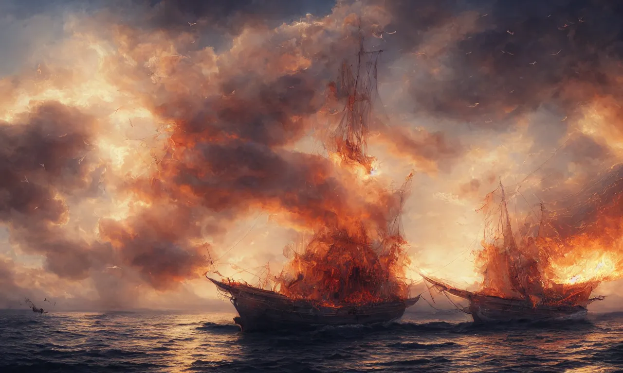 Image similar to a beautiful digital painting of a white caravel on fire flying in the clouds, birds and embers in the sunlight, numerous burning ropes and intricated sails, blue sky at sunset, elegant, highly detailed, artstation, concept art, matte, sharp focus, art by tom bagshaw, kelogsloops and greg rutkowski